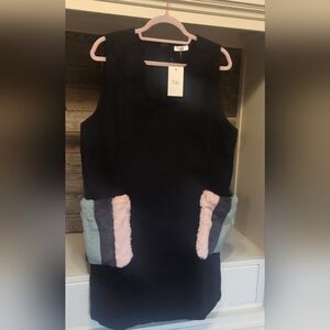 Mulla Fleece Black Mini Dress with Pink, Sage & Gray Fur Pockets- Comfy!